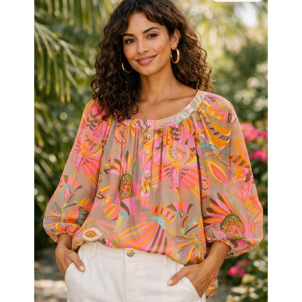 Trina Turk Lysandra Sheer Floral Silk Blouse Sz M Colorful Boho Flowy Relaxed